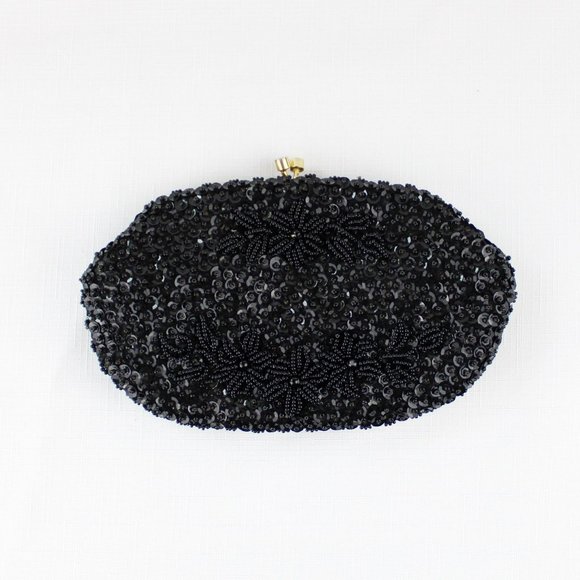 Vintage Black Beaded Purse Kiss Clasp Pouch Purse Frame Serpent Chain Gold PU30 - Picture 4 of 11